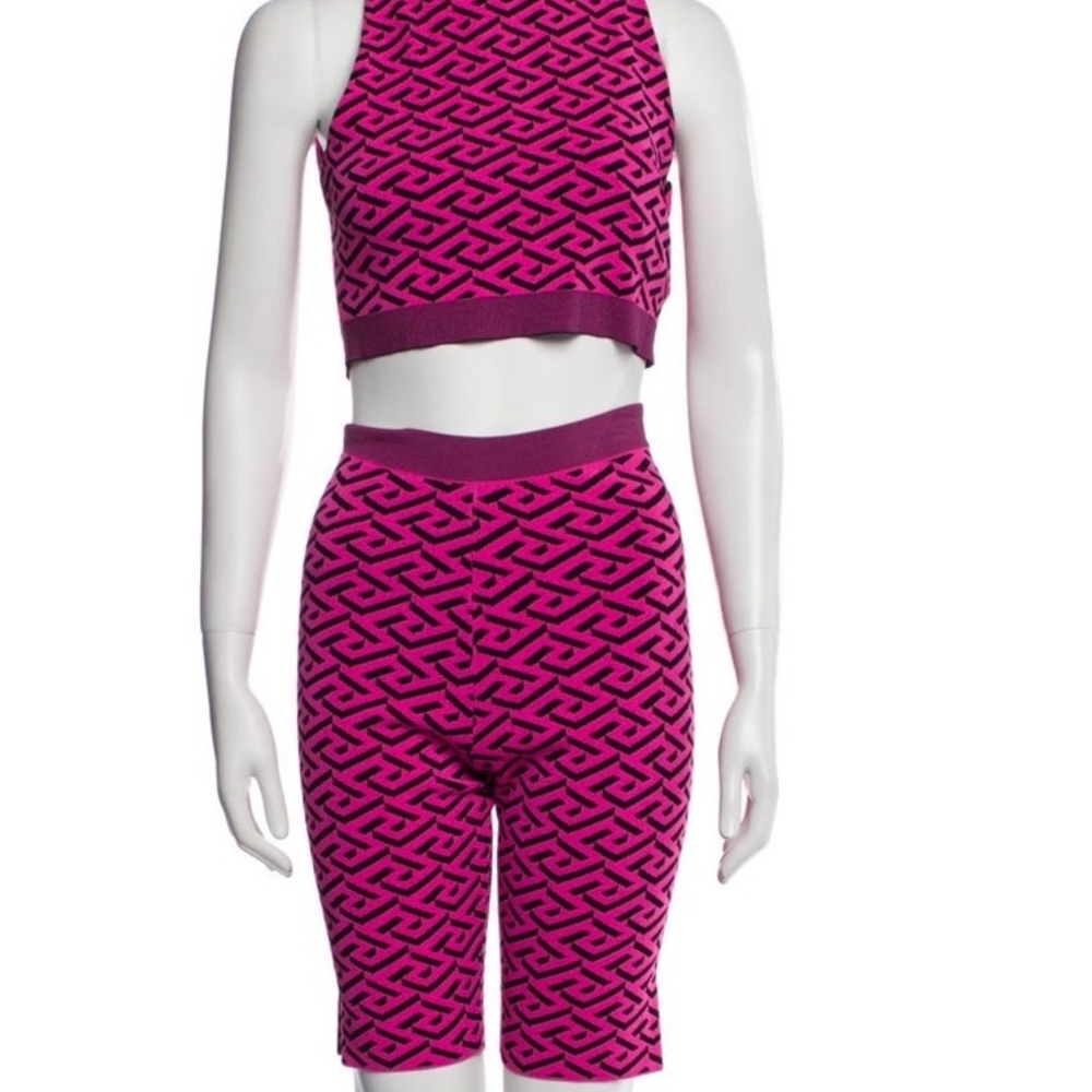 Versace La Greca Jacquard Pink and Black Crop Top and Bermuda Shorts set Sz 40
